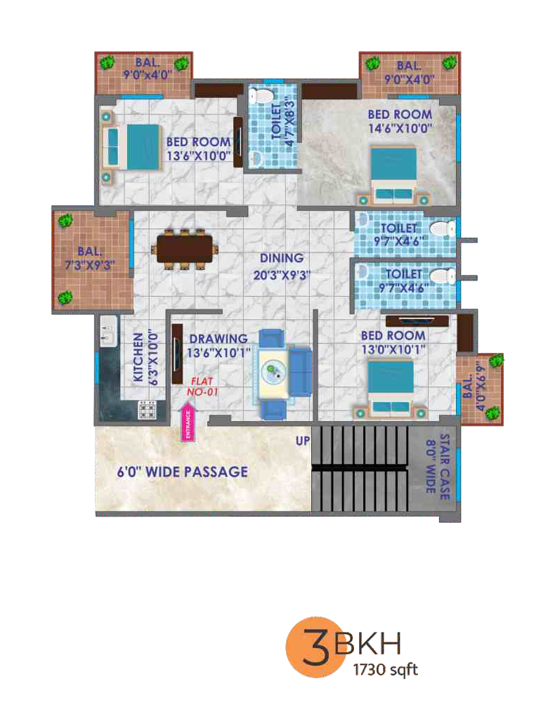 3 BHK Palatial Apartment Floor Plan - Asha Kiran Enclave Danapur